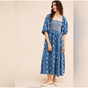 Free People - Dahlia Embroidered Maxi Dress, Smocked Bodice, blue, size S